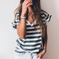Sea Green Striped V Neck Ruffle Sleeve Top