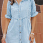 Beau Blue Mineral Wash Ruffled Short Sleeve Buttoned Denim Dress