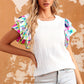 White Voluminous Printed Puff Sleeve Textured Top