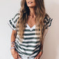Sea Green Striped V Neck Ruffle Sleeve Top