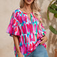 Rose Abstract Brushwork Print Buttoned V Neck Blouse