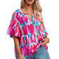 Rose Abstract Brushwork Print Buttoned V Neck Blouse