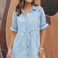 Beau Blue Mineral Wash Ruffled Short Sleeve Buttoned Denim Dress