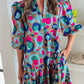 Green Leopard Print Bubble Sleeve Slit Neck Ruffled Dress