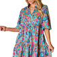 Green Leopard Print Bubble Sleeve Slit Neck Ruffled Dress