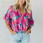 Rose Abstract Brushwork Print Buttoned V Neck Blouse