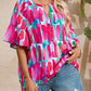 Rose Abstract Brushwork Print Buttoned V Neck Blouse