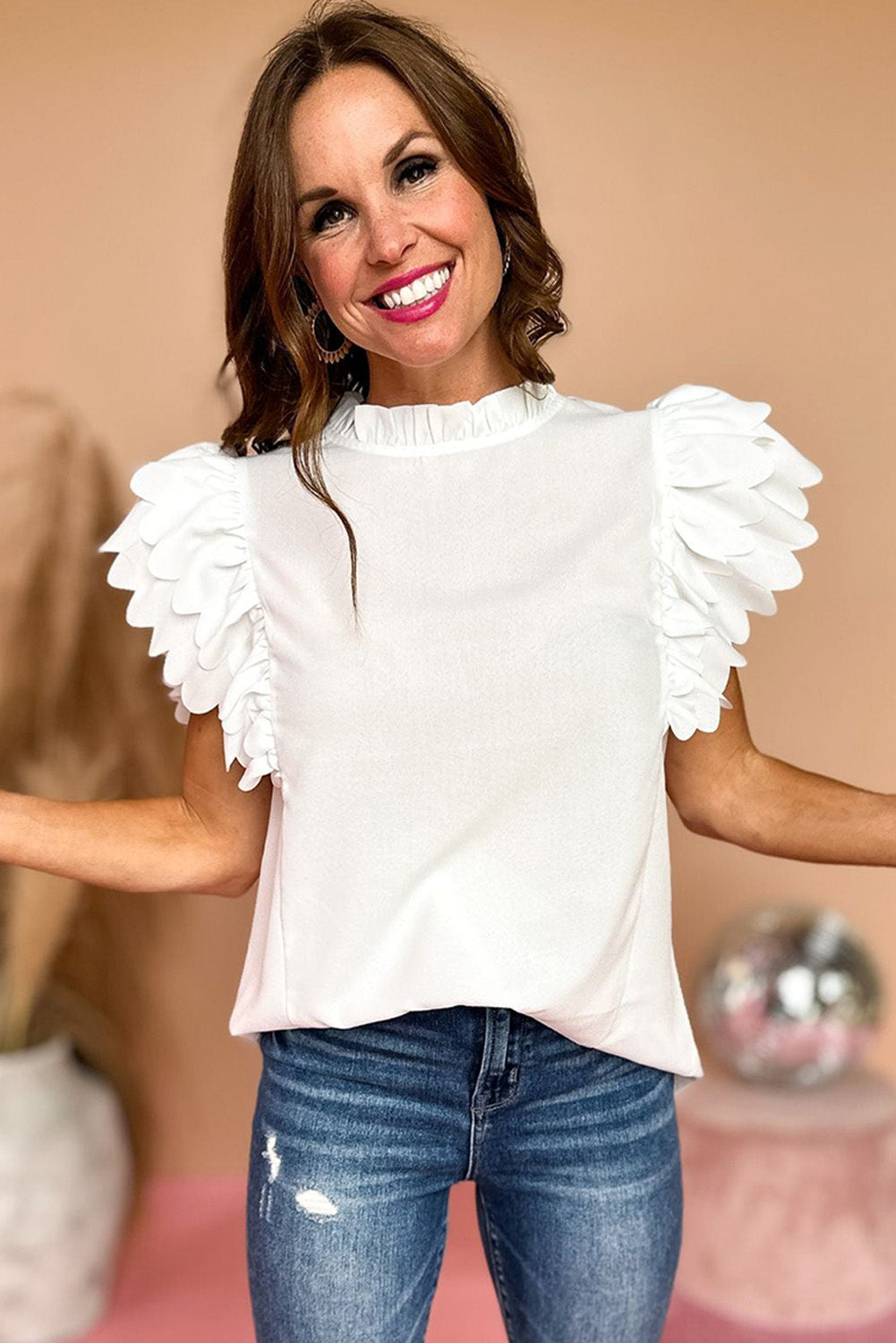 Bright Pink Solid Color Scalloped Ruffle Sleeve Top