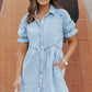 Beau Blue Mineral Wash Ruffled Short Sleeve Buttoned Denim Dress