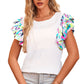 White Voluminous Printed Puff Sleeve Textured Top