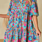 Green Leopard Print Bubble Sleeve Slit Neck Ruffled Dress