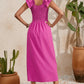 Rose Red Solid Color Ruffled Straps Smocked Ruched Maxi Dress