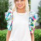 White Voluminous Printed Puff Sleeve Textured Top