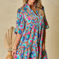 Green Leopard Print Bubble Sleeve Slit Neck Ruffled Dress