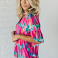 Rose Abstract Brushwork Print Buttoned V Neck Blouse