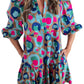 Green Leopard Print Bubble Sleeve Slit Neck Ruffled Dress
