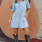 Beau Blue Mineral Wash Ruffled Short Sleeve Buttoned Denim Dress