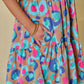 Green Leopard Print Bubble Sleeve Slit Neck Ruffled Dress