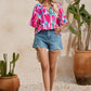 Rose Abstract Brushwork Print Buttoned V Neck Blouse