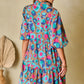 Green Leopard Print Bubble Sleeve Slit Neck Ruffled Dress