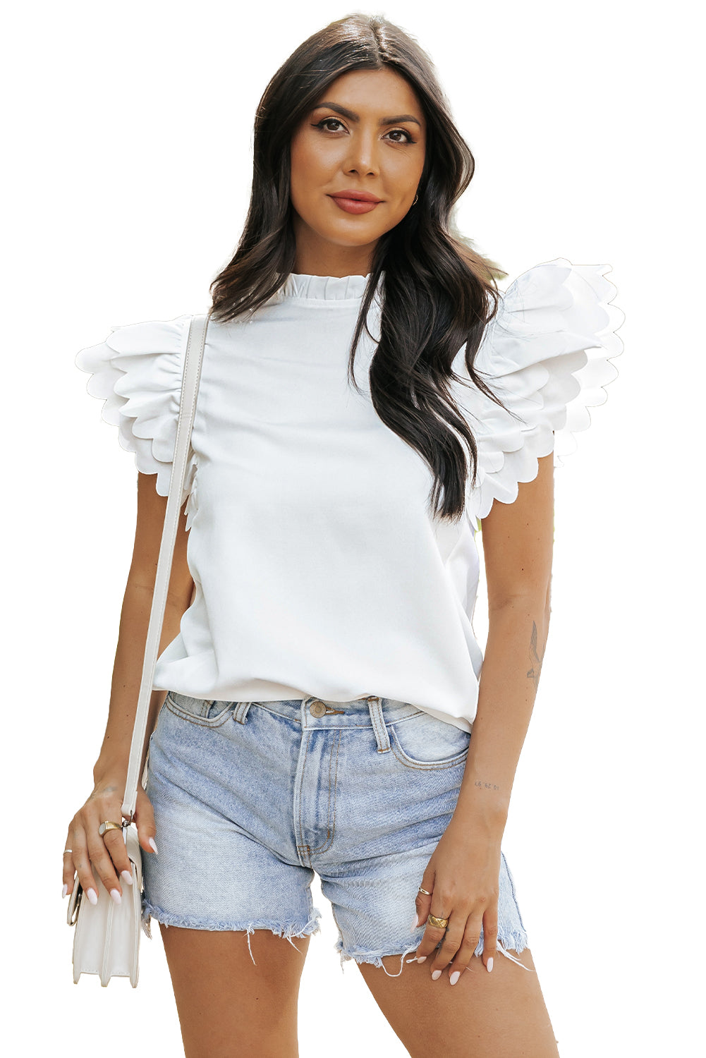 Bright Pink Solid Color Scalloped Ruffle Sleeve Top