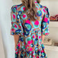 Green Leopard Print Bubble Sleeve Slit Neck Ruffled Dress