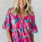 Rose Abstract Brushwork Print Buttoned V Neck Blouse