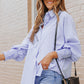 Sky Blue Smocked Cuffed Striped Boyfriend Shirt with Pocket