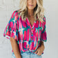 Rose Abstract Brushwork Print Buttoned V Neck Blouse