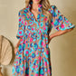 Green Leopard Print Bubble Sleeve Slit Neck Ruffled Dress