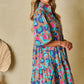 Green Leopard Print Bubble Sleeve Slit Neck Ruffled Dress