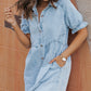 Beau Blue Mineral Wash Ruffled Short Sleeve Buttoned Denim Dress