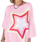 White Colorblock Star Patched Half Sleeve Oversized Tee