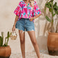 Rose Abstract Brushwork Print Buttoned V Neck Blouse