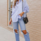 Sky Blue Smocked Cuffed Striped Boyfriend Shirt with Pocket