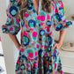 Green Leopard Print Bubble Sleeve Slit Neck Ruffled Dress