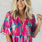 Rose Abstract Brushwork Print Buttoned V Neck Blouse